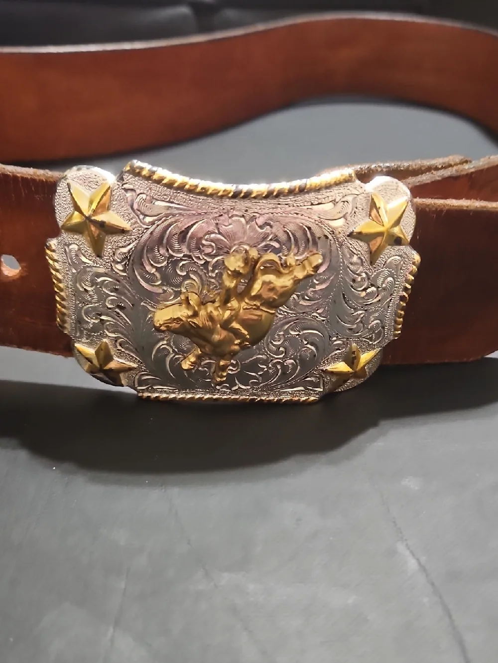 Nocona Brown Leather Western Belt with Decorative Silver-Gold Buckle Size 38